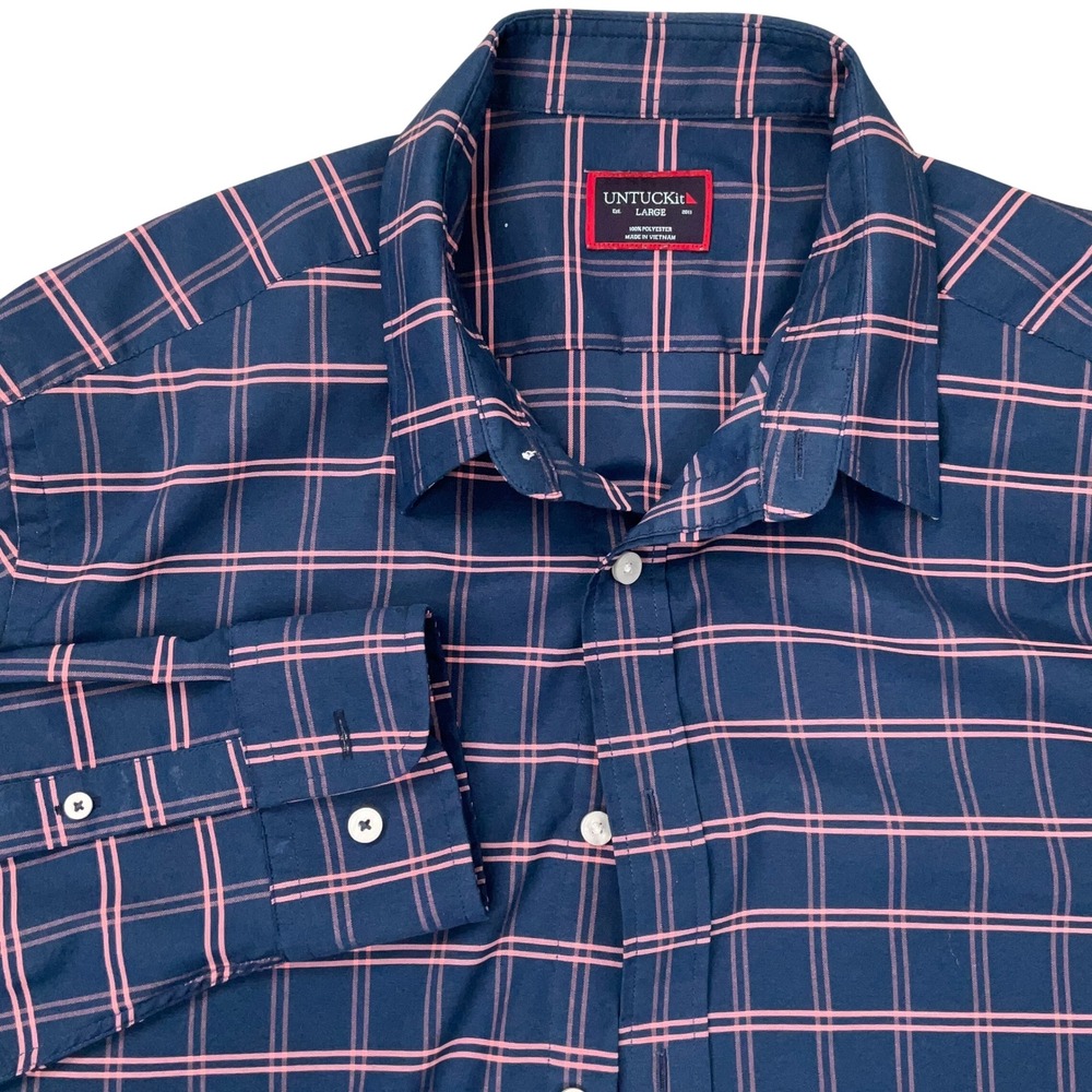 UNTUCKit Shirt Mens L Navy Pink Grid Check Business Casual Modern Classic Travel